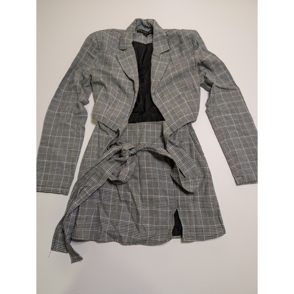 Hyfve Womens Grey Plaid Blazer Style Mini Dress Tie Waist Long Sleeve Size S‎